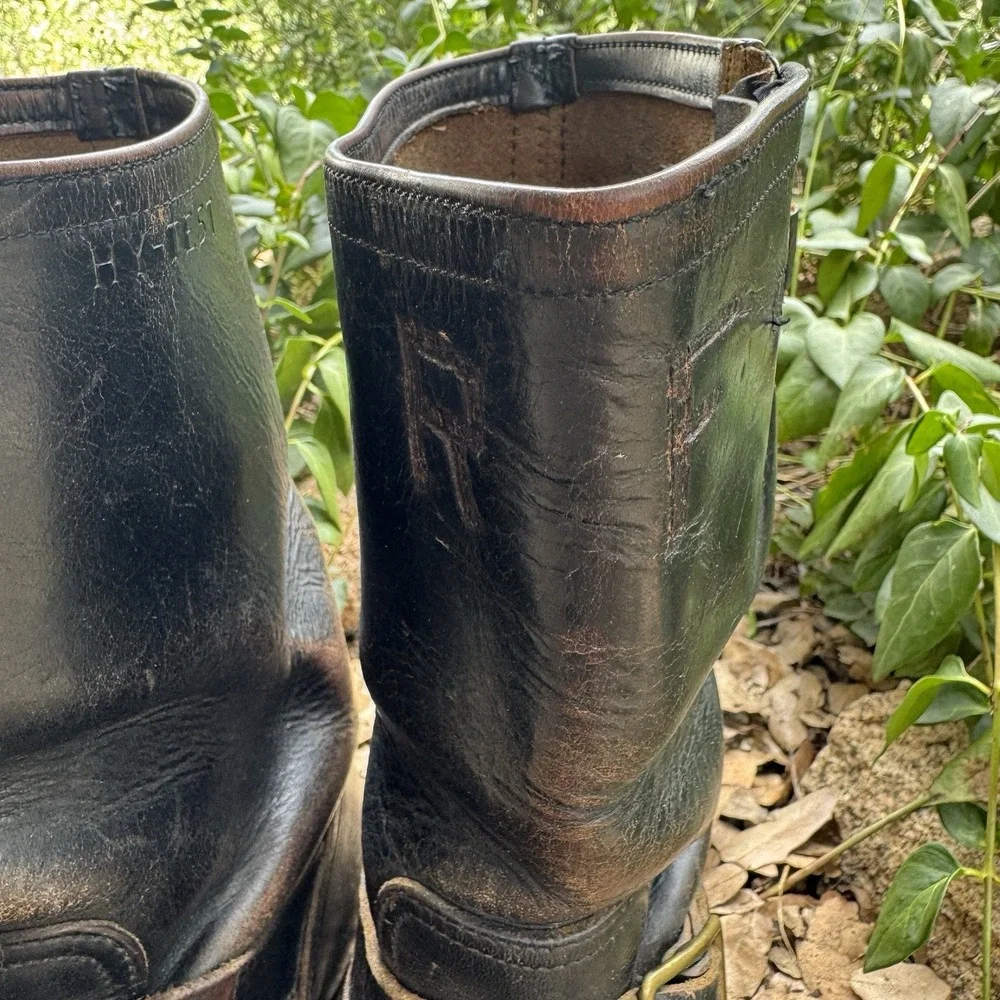 Vintage Hy-Test Engineer Boots 10.5 Biker Black Leather Brass Hardware 50s 60s
